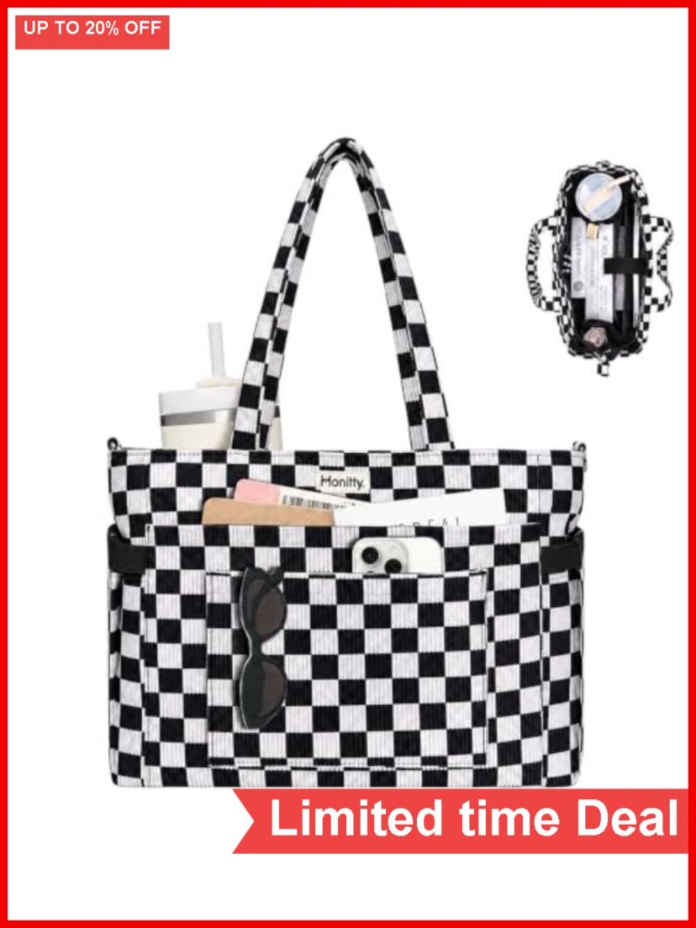 Corduroy Tote Bag for Women 17 Pocket Checkered Laptop Work Crossbody Handbag